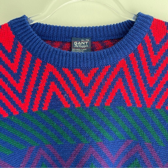 Vintage GANT Rugger Wool Blend Blue Pink Geometric Sweater Crewneck - Picture 3 of 8